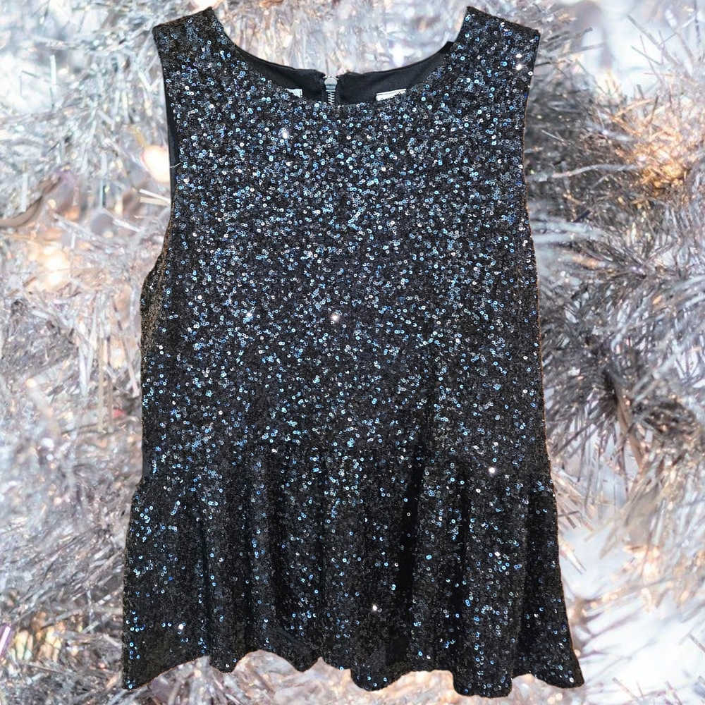 Kersh Black Sequin Peplum Sleeveless Zip Blouse